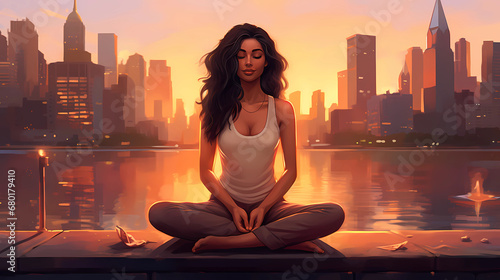 Illustration of a woman practicing meditation, yoga, relaxation in the city downtown, with tranquility, peaceful mind, well-being and serenity - Generated by Generative AI