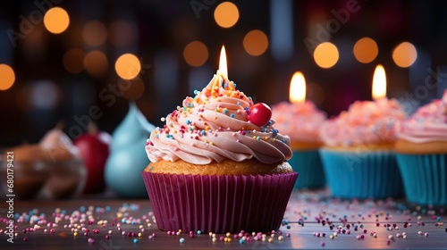 Birthday cupcake alongside a cake and candle on a white base. photo