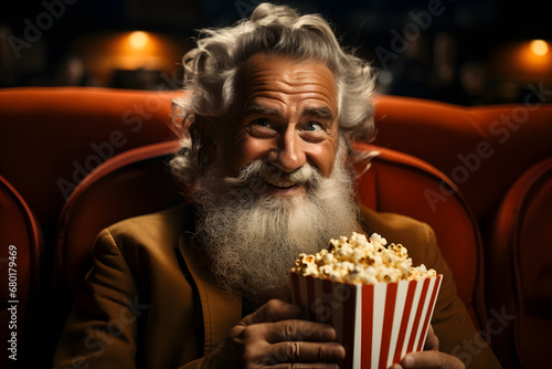 Senior man watching a movie at the cinema holds box of popcorn.