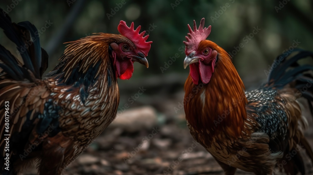 Rooster and chicken in the farm, Thailand. (Selective focus). Farm Concept with Copy Space.