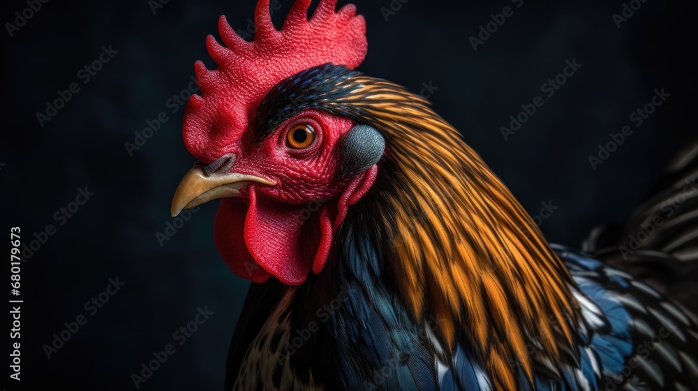 Colorful rooster on a black background. Portrait of a rooster. Farm Concept with Copy Space.