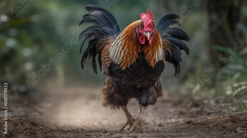 Beautiful rooster walking in the forest and looking for food. Farm Concept with Copy Space.
