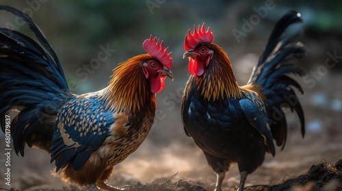 Beautiful rooster and chicken in the farm  selective focus. Farm Concept with Copy Space.