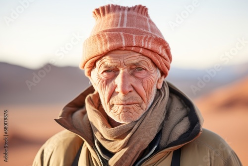 Portrait of a content man in his 80s dressed in a warm ski hat against a backdrop of desert dunes. AI Generation