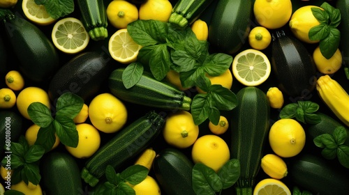  a pile of cucumbers, lemons, and zucchini with leaves and lemons on top of the cucumbers are surrounded by lemons and green leaves.