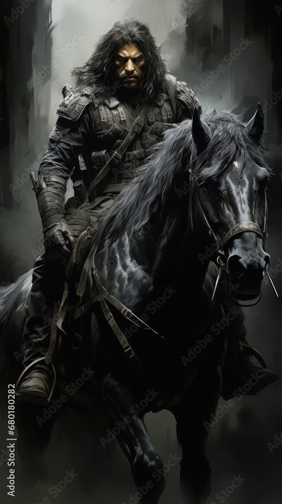 Naklejka premium Lone Rider on a Majestic Steed Galloping Through the Night Generative AI