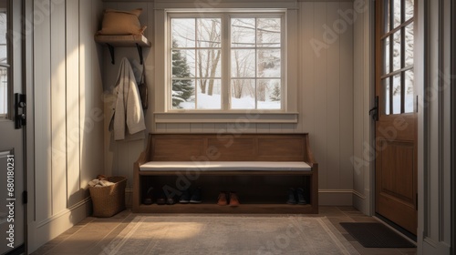  a wooden bench in front of a window next to a coat rack and a pair of shoes on a bench in front of a door with a snow covered window behind it.
