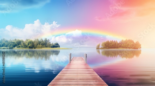 a dock on a lake with a rainbow in the sky photo