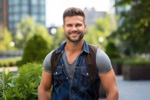 Portrait of a glad man in his 30s wearing a rugged jean vest against a vibrant city park. AI Generation © CogniLens