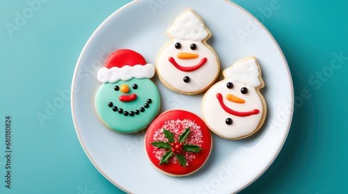  a plate of decorated christmas cookies with frosting and a snowman on one of the cookies is decorated like a snowman, a snowman, a snowman, and a snowman, and a tomato on the other.