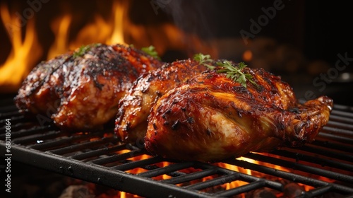 Chickens cooking on a rotating grill.