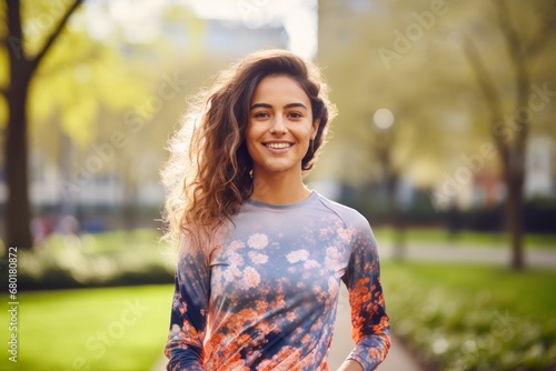 Portrait of a joyful woman in her 20s sporting a breathable mesh jersey against a vibrant city park. AI Generation