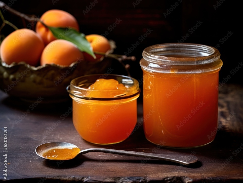 A Jar Of Apricot Jam On A Wooden Background. A Jar Of Apricot Jam On A Wooden Background.