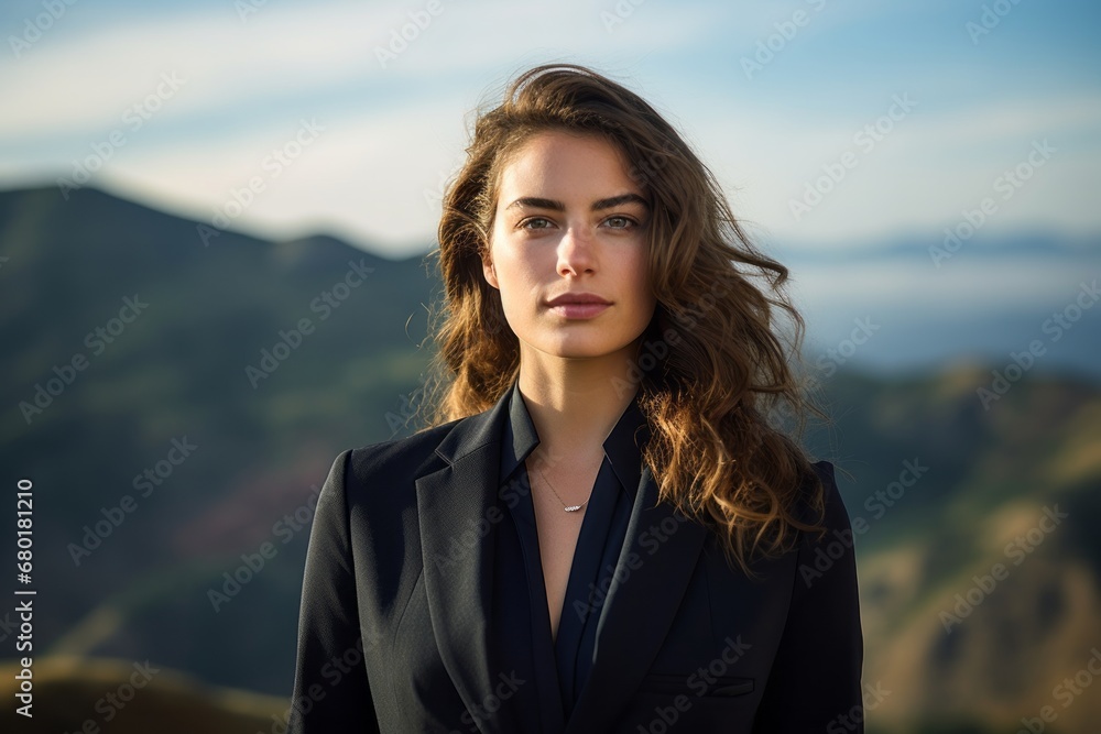 Portrait of a content woman in her 20s wearing a professional suit jacket against a panoramic mountain vista. AI Generation Portrait of a content woman in her 20s wearing a professional suit jacket against a panoramic mountain vista. AI Generation