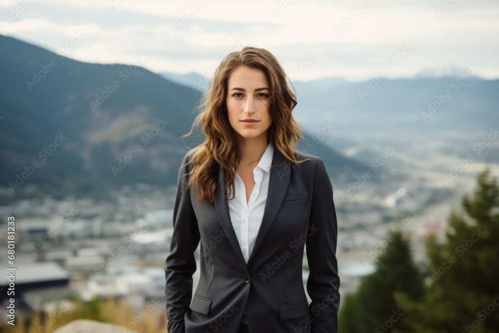 Portrait of a content woman in her 20s wearing a professional suit jacket against a panoramic mountain vista. AI Generation
