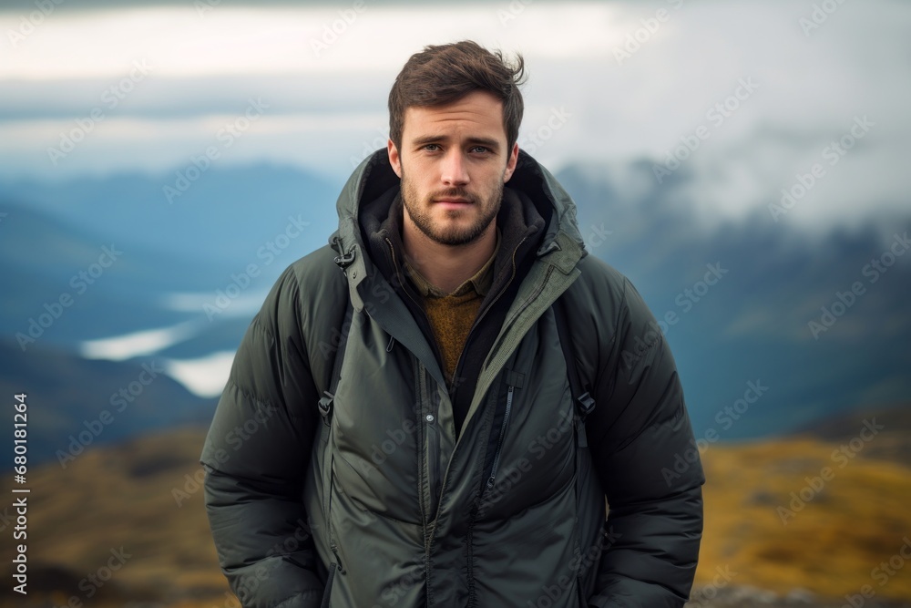 Portrait of a glad man in his 20s donning a durable down jacket against a panoramic mountain vista. AI Generation Portrait of a glad man in his 20s donning a durable down jacket against a panoramic mountain vista. AI Generation