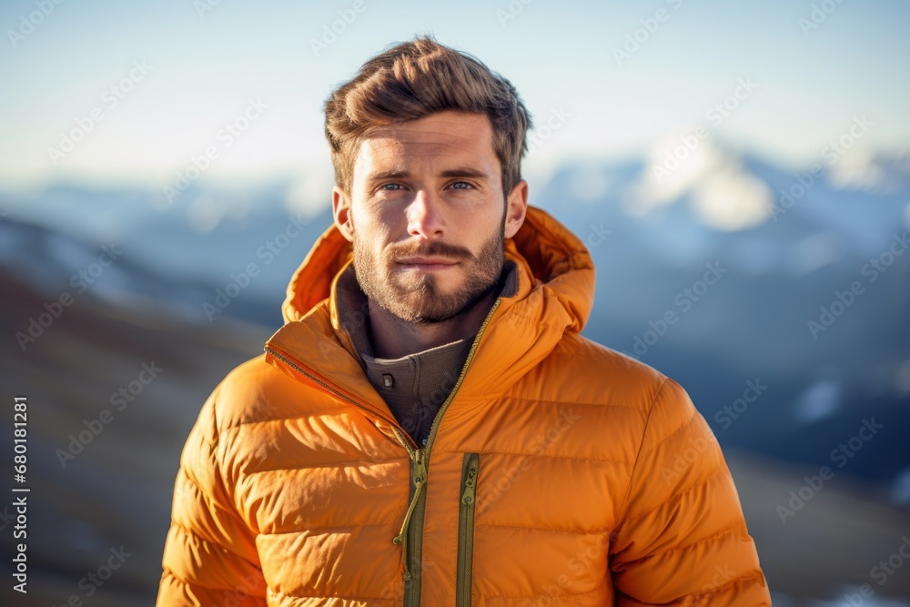 Portrait of a glad man in his 20s donning a durable down jacket against a panoramic mountain vista. AI Generation Portrait of a glad man in his 20s donning a durable down jacket against a panoramic mountain vista. AI Generation