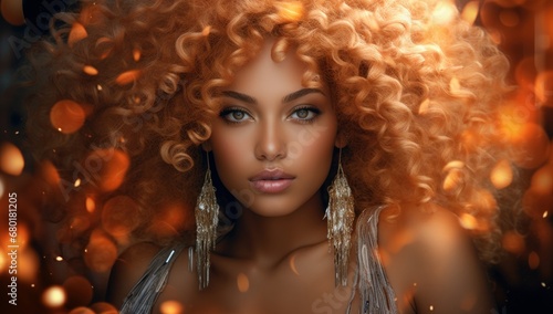 Woman with striking curly hair and a glamorous look against a sparkling backdrop, embodying beauty and elegance.