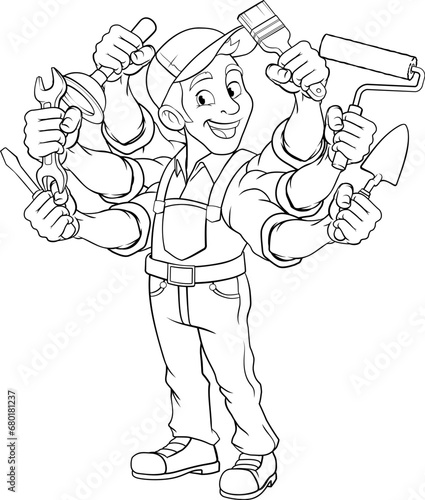 A handyman cartoon handy man caretaker construction worker or maintenance man multitasking caretaker concept.