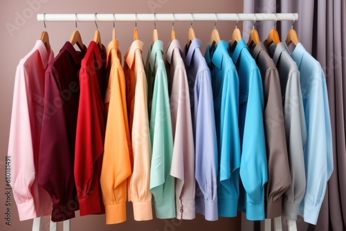 Wallpaper Mural A variety of bright shirts in rainbow colors on hangers in a clothing store. concept for retail or smart consumption.  Torontodigital.ca