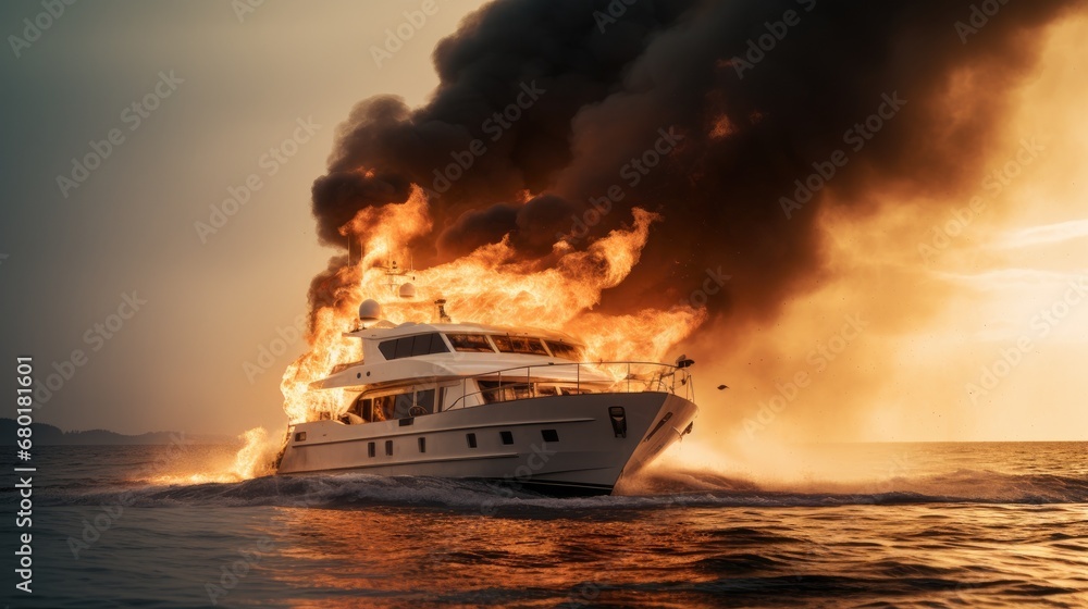 A large ship caught fire at sea - obrazy, fototapety, plakaty 