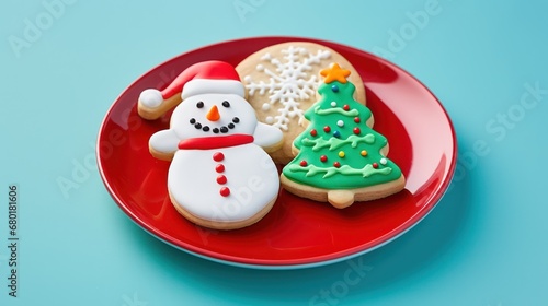  a red plate topped with cookies covered in frosting and a snowman next to a christmas tree and a snowman with a red hat on it's head.