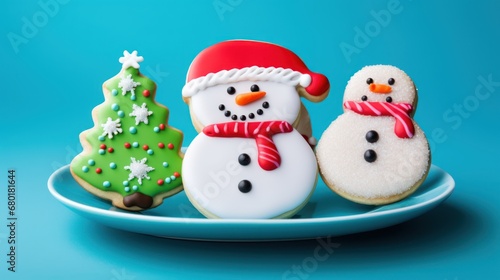  three decorated cookies on a plate with a snowman, christmas tree, and snowman on the other side of the plate is a snowman and a snowman on the other side of the cookies.