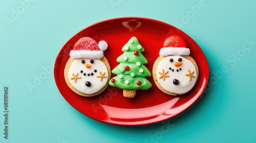  a red plate topped with cookies covered in frosting and decorated like a snowman and a snowman next to a christmas tree on top of a blue background.
