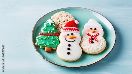  a plate of decorated cookies with frosting and a snowman and a snowman on one of the cookies and a snowman on the other one of the cookies.