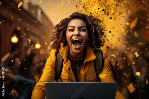 Woman Celebrates Success in Front of Laptop Glory