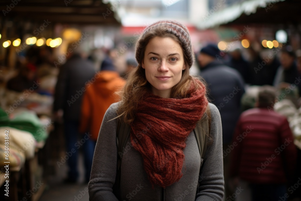 Portrait of a glad woman in her 30s showing off a thermal merino wool top against a bustling urban market. AI Generation Portrait of a glad woman in her 30s showing off a thermal merino wool top against a bustling urban market. AI Generation