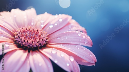  a close up of a pink flower with drops of water on it s petals and a blue background with a blurry boke of lights in the background.