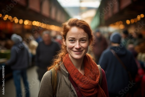 Portrait of a glad woman in her 30s showing off a thermal merino wool top against a bustling urban market. AI Generation