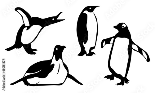 Set of penguin silhouettes. vector illustration penguin shape shadow isolated on white background