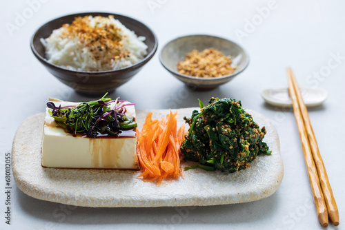 Japanese lunch with silken tofu, spinach gomae photo