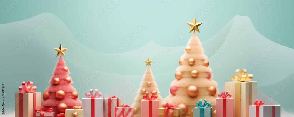 Obraz premium Decorated christmas tree with presents ,greeting card panorama illustration. Generative Ai.