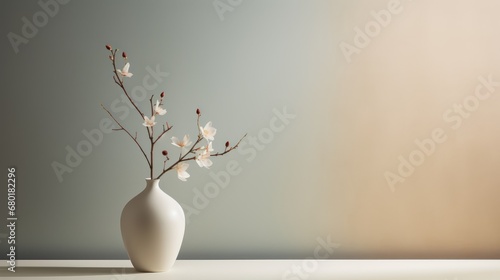  a white vase filled with white flowers on top of a white table next to a gray and white wall and a light colored wall behind the vase is a single branch with white flowers.