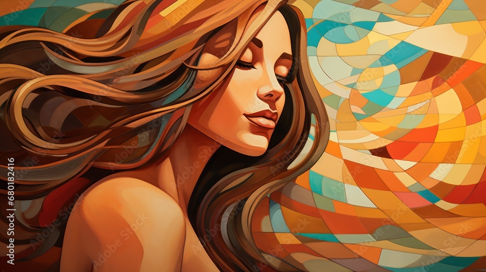  a painting of a woman's face with her long brown hair blowing in the wind, with a colorful background of circles and swirls in the foreground.