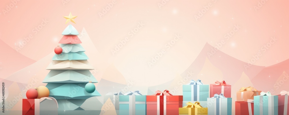 Decorated christmas tree with presents ,greeting card panorama illustration. Generative Ai.
