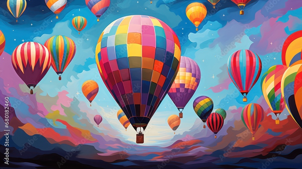 Fototapeta premium a painting of many colorful hot air balloons flying in the sky with clouds and stars in the sky, with blue, purple, yellow, red, orange, and pink, and white colors.