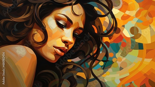  a painting of a woman s face with her eyes closed and her hair blowing in the wind in front of a multi - colored background of circles of circles.