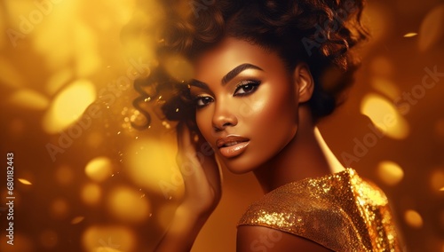 An elegant Black woman with glamorous makeup against a golden backdrop, perfect for beauty campaigns.