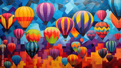  a painting of a bunch of hot air balloons flying in the sky above a city with buildings and a blue sky in the background is a painting of many colors. © Anna