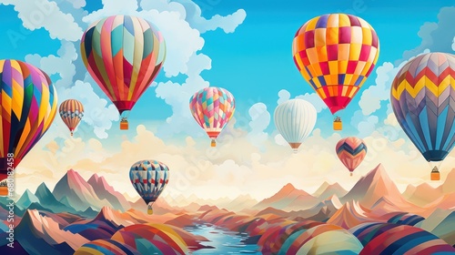  a painting of hot air balloons flying in the sky over a mountain range with a river in the foreground and a mountain range in the background with a blue sky with clouds.