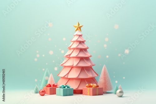 Decorated christmas tree with presents , simple illustration greeting card. Generative Ai.
