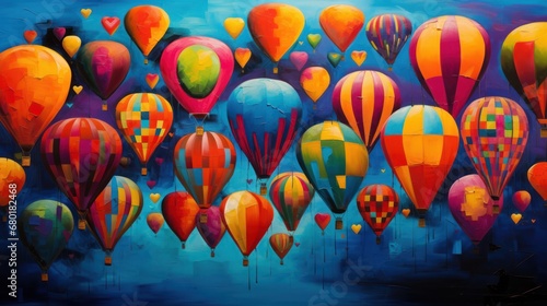  a painting of a bunch of hot air balloons flying in the sky with a blue sky in the back ground and a blue sky in the back ground behind it.