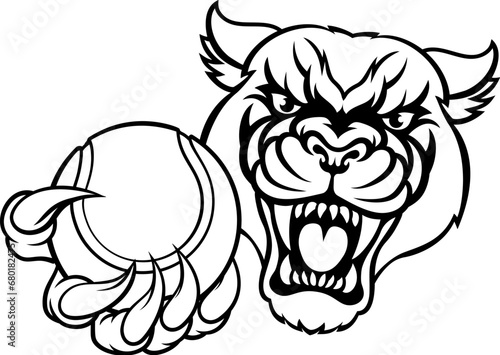 A panther cougar or jaguar cat animal sports mascot holding tennis ball