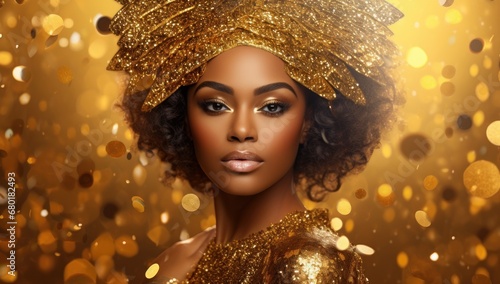 An elegant Black woman with glamorous makeup against a golden backdrop, perfect for beauty campaigns.