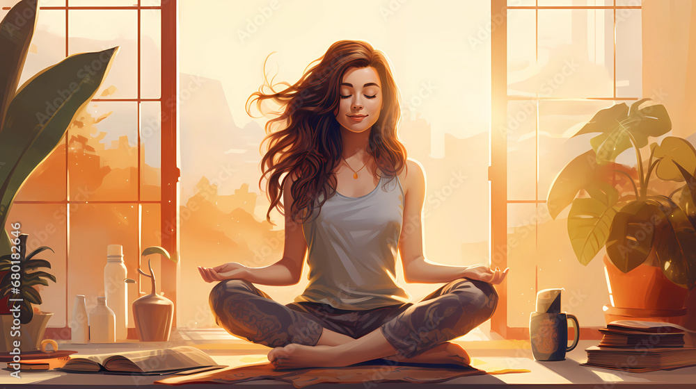 Illustration of a woman practicing meditation, yoga, relaxation in her calm and cozy home, with tranquility, peaceful mind, well-being and serenity - Generated by Generative AI
Illustration of a woman practicing meditation, yoga, relaxation in her calm and cozy home, with tranquility, peaceful mind, well-being and serenity - Generated by Generative AI