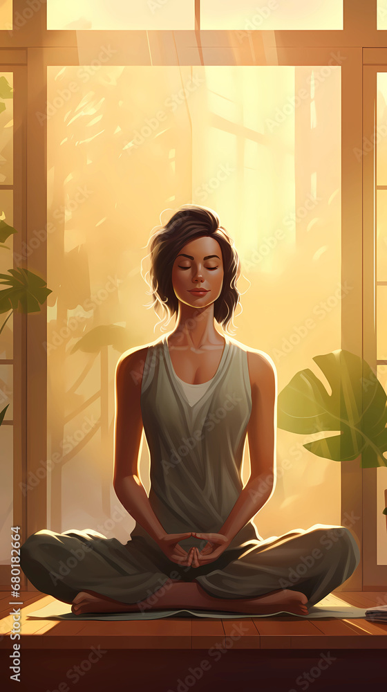 Illustration of a woman practicing meditation, yoga, relaxation in her calm and cozy home, with tranquility, peaceful mind, well-being and serenity - Generated by Generative AI
Illustration of a woman practicing meditation, yoga, relaxation in her calm and cozy home, with tranquility, peaceful mind, well-being and serenity - Generated by Generative AI